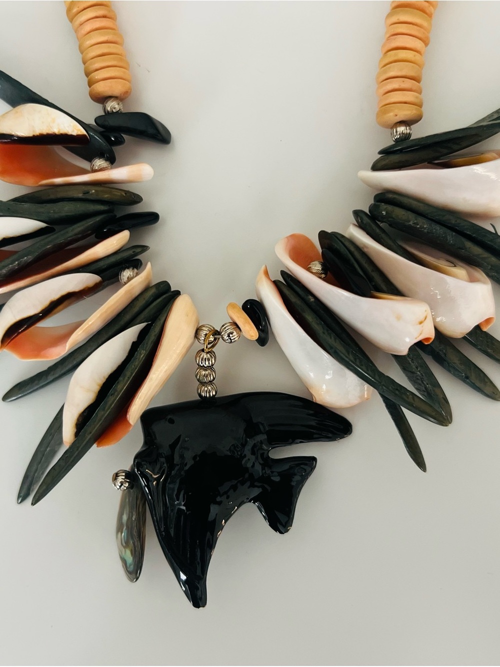 Handcrafted Beach Shell Statement Necklace in Cream, Black and Orange - Picture 4 of 8